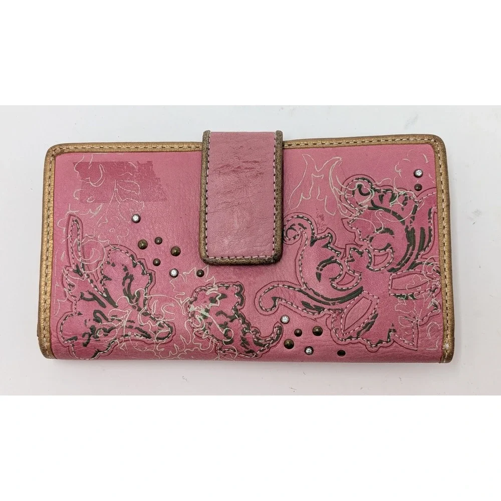Fossil Pink Floral Leather Checkbook Wallet Boho Embroidered Studded Organizer